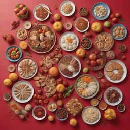 A vibrant photograph showcasing a Lunar New Year 2024 celebration table filled with an array of healthy, colorful foods. The background festively decorated with traditional symbols and hints of 2024.