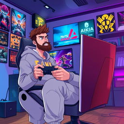 An anime-style illustration of a 39-year-old man with spiky brown hair and a well-groomed beard, embodying the spirit of a passionate PS5 gamer