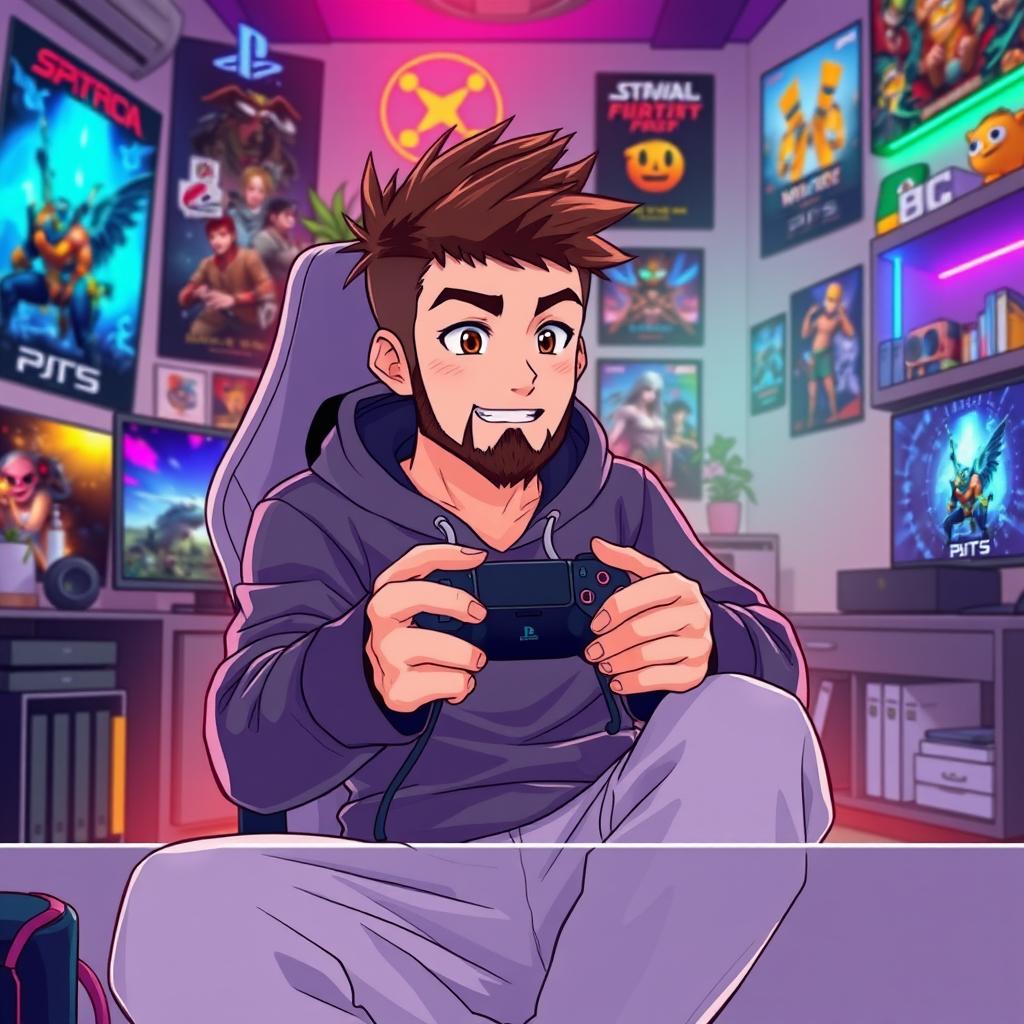 An anime-style illustration of a 39-year-old man with spiky brown hair and a well-groomed beard, embodying the spirit of a passionate PS5 gamer