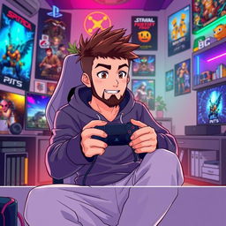 An anime-style illustration of a 39-year-old man with spiky brown hair and a well-groomed beard, embodying the spirit of a passionate PS5 gamer