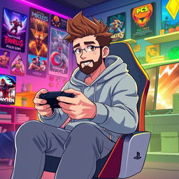 An anime-style illustration of a 39-year-old man with spiky brown hair and a well-groomed beard, embodying the spirit of a passionate PS5 gamer