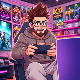 An anime-style illustration of a 39-year-old man with spiky brown hair and a well-groomed beard, embodying the spirit of a passionate PS5 gamer