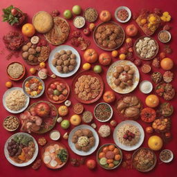 A vibrant photograph showcasing a Lunar New Year 2024 celebration table filled with an array of healthy, colorful foods. The background festively decorated with traditional symbols and hints of 2024.