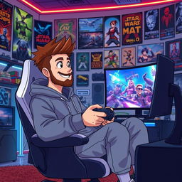 An anime-style illustration of a 39-year-old man with spiky brown hair and a well-groomed beard, immersed in the world of gaming as a passionate PS5 enthusiast