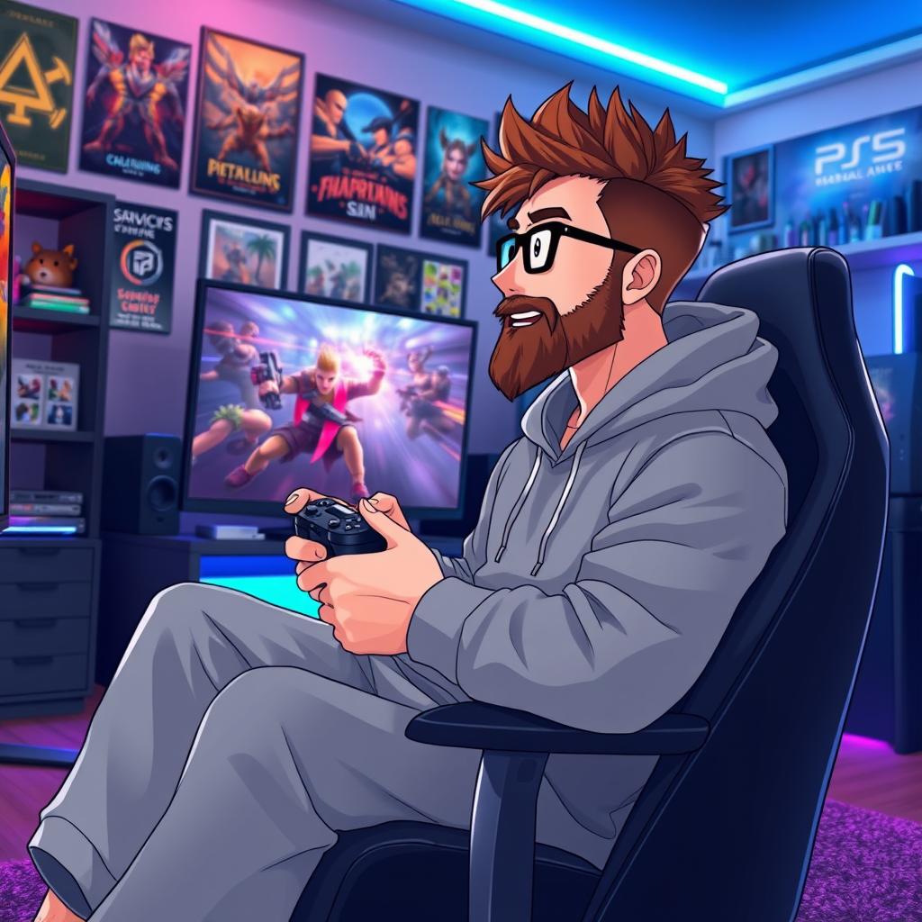 An anime-style illustration of a 39-year-old man with spiky brown hair and a well-groomed beard, immersed in the world of gaming as a passionate PS5 enthusiast