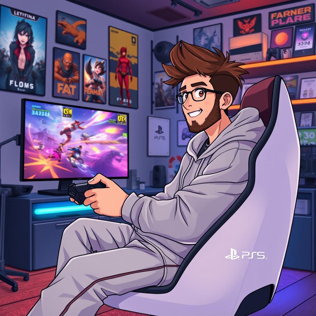 An anime-style illustration of a 39-year-old man with spiky brown hair and a well-groomed beard, immersed in the world of gaming as a passionate PS5 enthusiast