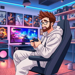 An anime-style illustration of a 39-year-old man with spiky brown hair and a well-groomed beard, immersed in the world of gaming as a passionate PS5 enthusiast