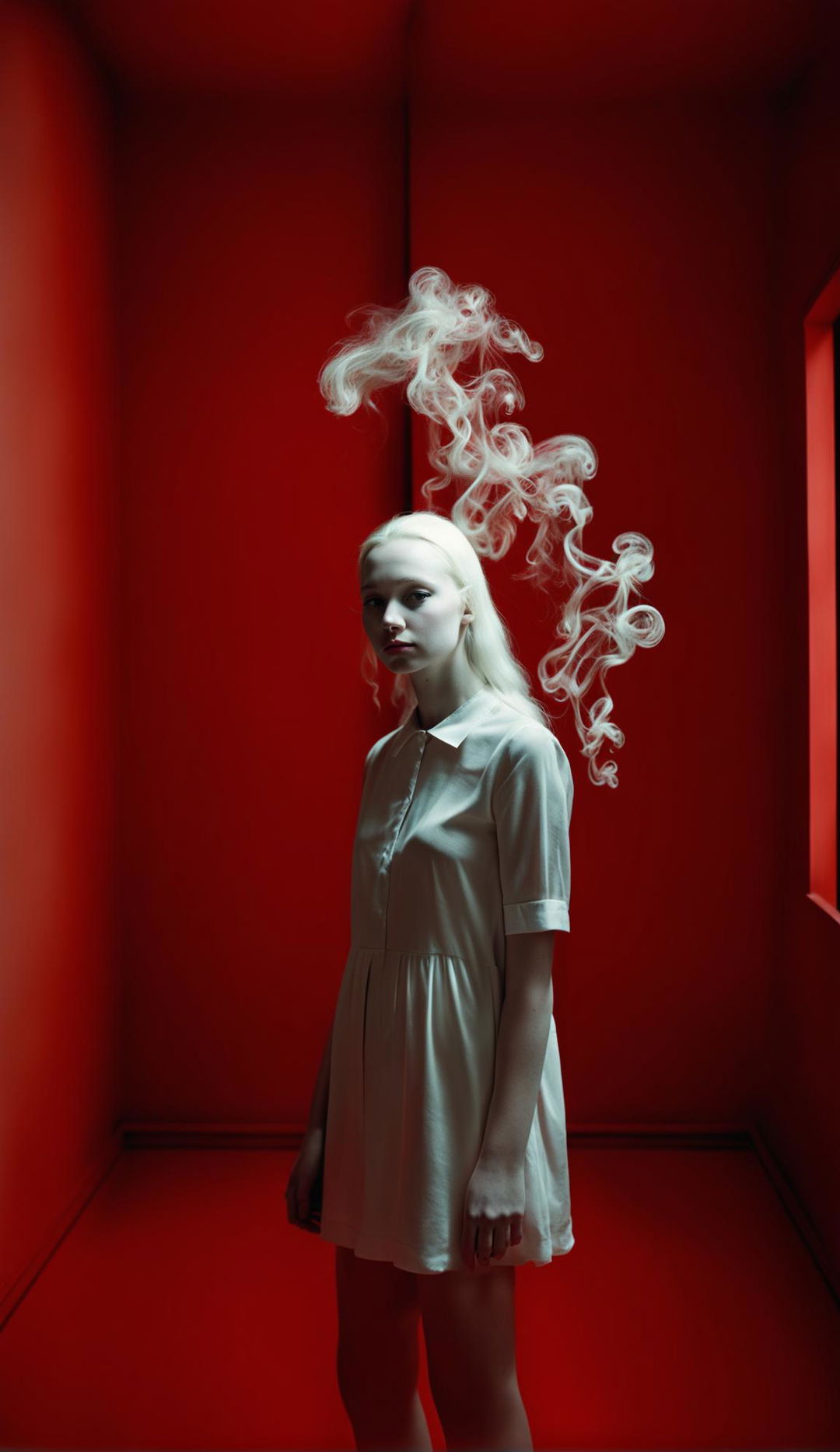 Thin albino teenage girl in white shift dress in a windowless minimalist red room filled with smoke. Raw, unedited 16k photograph capturing side view of symmetrical facial features under low light.