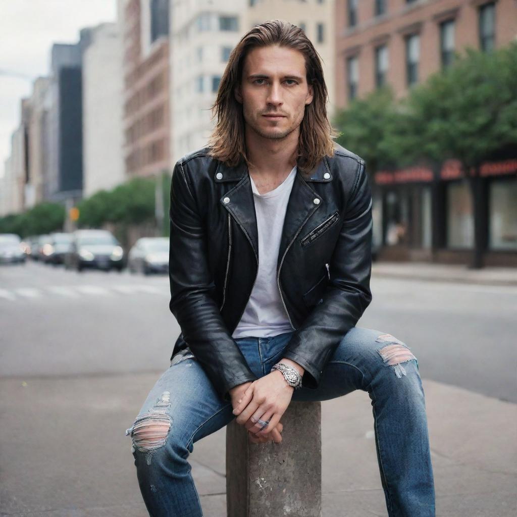 A handsome 30-year-old man with long hair wearing a leather jacket, ripped jeans, a t-shirt with 'ODEMUSIC 79', boot shoes, and silver accessories. He's positioned in an elegant pose, set against a mid-town background in a cinematic photography style.