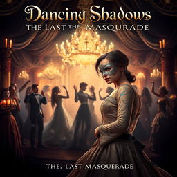 A captivating movie poster for 'Dancing Shadows: The Last Masquerade', featuring a grand, enchanted masquerade ball scene filled with shimmering lights and elegant decorations