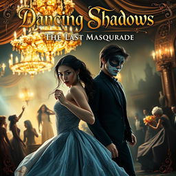 A captivating movie poster for 'Dancing Shadows: The Last Masquerade', featuring a grand, enchanted masquerade ball scene filled with shimmering lights and elegant decorations