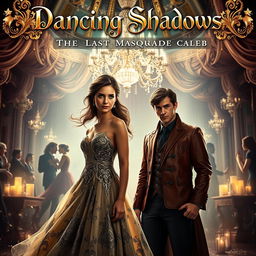 A captivating movie poster for 'Dancing Shadows: The Last Masquerade', featuring a grand, enchanted masquerade ball scene filled with shimmering lights and elegant decorations