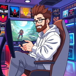 An anime-style illustration of a 39-year-old man with spiky brown hair and a well-groomed beard, representing a dedicated PS5 gamer