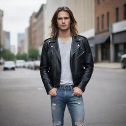 A handsome 30-year-old man with long hair wearing a leather jacket, ripped jeans, a t-shirt with 'ODEMUSIC 79', boot shoes, and silver accessories. He's positioned in an elegant pose, set against a mid-town background in a cinematic photography style.