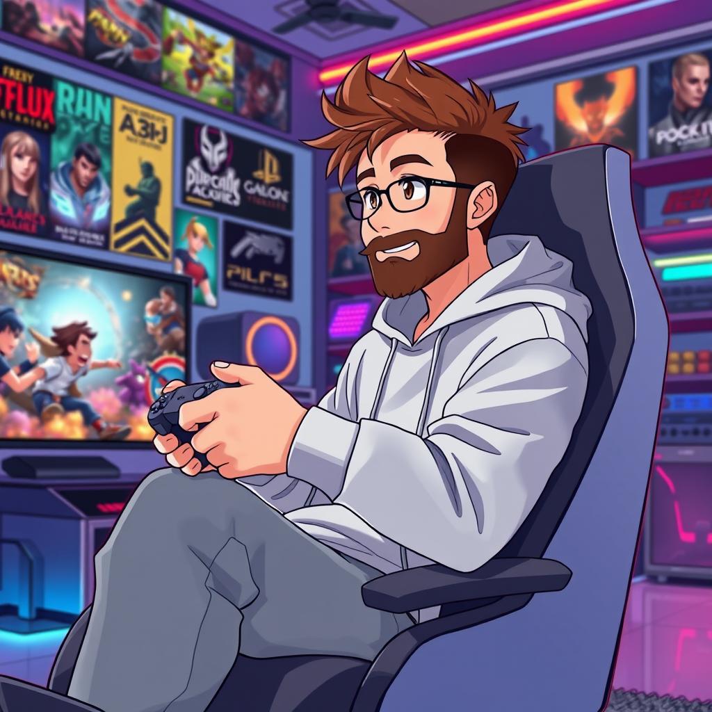 An anime-style illustration of a 39-year-old man with spiky brown hair and a well-groomed beard, representing a dedicated PS5 gamer