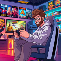 An anime-style illustration of a 39-year-old man with spiky brown hair and a well-groomed beard, representing a dedicated PS5 gamer