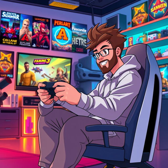 An anime-style illustration of a 39-year-old man with spiky brown hair and a well-groomed beard, representing a dedicated PS5 gamer