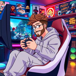 An anime-style illustration of a 39-year-old man with spiky brown hair and a well-groomed beard, representing a dedicated PS5 gamer