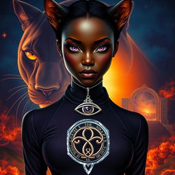 A large transparent panther looming behind an African American female teen with slitted purple cat eyes and angular features