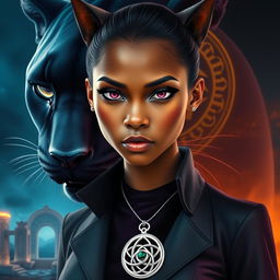 A large transparent panther looming behind an African American female teen with slitted purple cat eyes and angular features