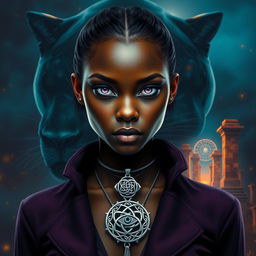 A large transparent panther looming behind an African American female teen with slitted purple cat eyes and angular features