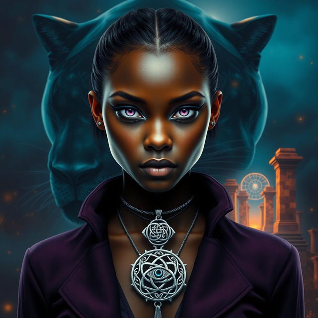 A large transparent panther looming behind an African American female teen with slitted purple cat eyes and angular features