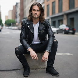 A handsome 30-year-old man with long hair wearing a leather jacket, ripped jeans, a t-shirt with 'ODEMUSIC 79', boot shoes, and silver accessories. He's positioned in an elegant pose, set against a mid-town background in a cinematic photography style.