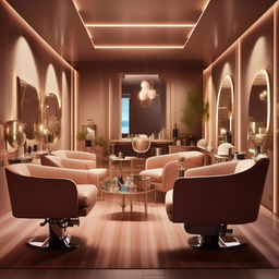 A realistic interpretation of a high-class salon living room, featuring trendy furnishings, comfortable seating, artistic lighting fixtures, and an overall soothing color scheme.