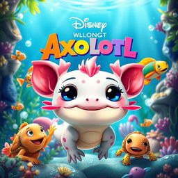 A colorful and enchanting animated movie poster for a Disney film about Axolotls, featuring a vibrant underwater scene filled with lush aquatic plants and sparkling bubbles