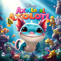 A colorful and enchanting animated movie poster for a Disney film about Axolotls, featuring a vibrant underwater scene filled with lush aquatic plants and sparkling bubbles