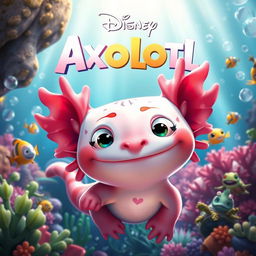 A colorful and enchanting animated movie poster for a Disney film about Axolotls, featuring a vibrant underwater scene filled with lush aquatic plants and sparkling bubbles