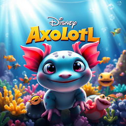 A colorful and enchanting animated movie poster for a Disney film about Axolotls, featuring a vibrant underwater scene filled with lush aquatic plants and sparkling bubbles