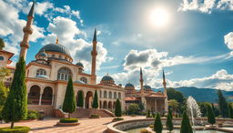 A beautiful Turkish background featuring traditional architectural elements such as ornate mosques with domes and minarets, vibrant bazaars filled with colorful textiles and spices, and lush green landscapes dotted with cypress trees