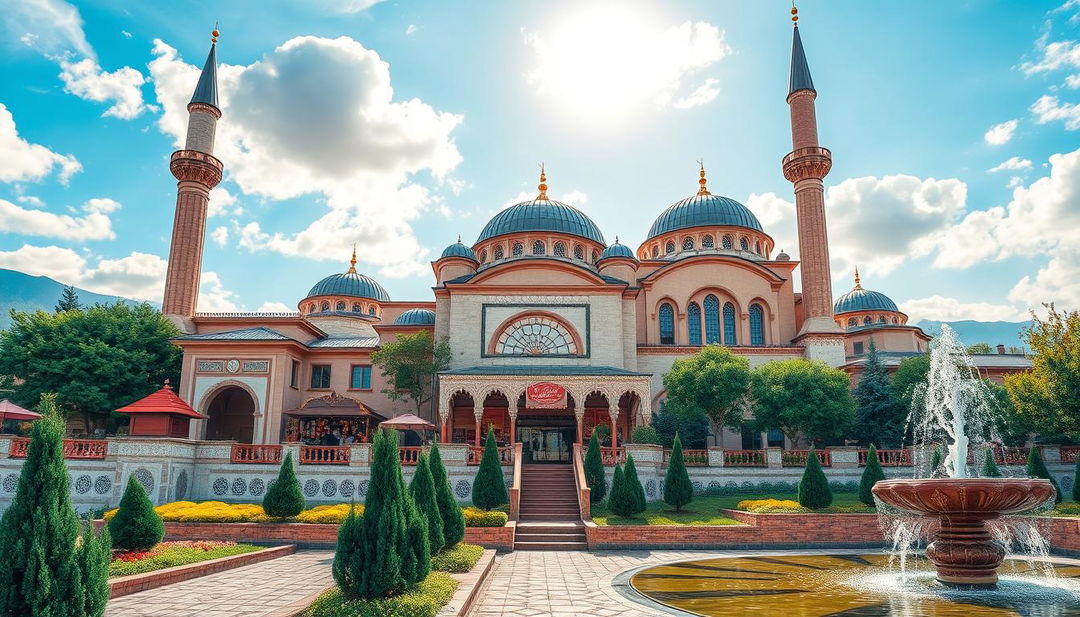 A beautiful Turkish background featuring traditional architectural elements such as ornate mosques with domes and minarets, vibrant bazaars filled with colorful textiles and spices, and lush green landscapes dotted with cypress trees