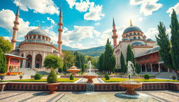 A beautiful Turkish background featuring traditional architectural elements such as ornate mosques with domes and minarets, vibrant bazaars filled with colorful textiles and spices, and lush green landscapes dotted with cypress trees