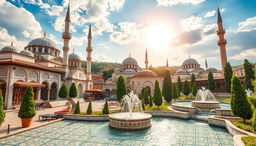 A beautiful Turkish background featuring traditional architectural elements such as ornate mosques with domes and minarets, vibrant bazaars filled with colorful textiles and spices, and lush green landscapes dotted with cypress trees