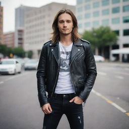 A handsome 30-year-old man with long hair wearing a leather jacket, ripped jeans, a t-shirt with 'ODEMUSIC 79', boot shoes, and silver accessories. He's positioned in an elegant pose, set against a mid-town background in a cinematic photography style.