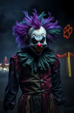 A nightmare haunting clown in a dimly lit, eerie environment