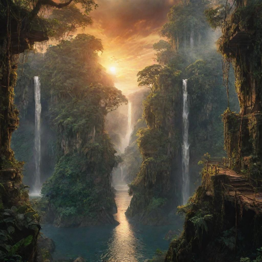 A thrilling adventure movie backdrop depicting a dense jungle with hidden ancient temples, mystical waterfalls, precarious rope bridges and a dramatic sunset