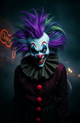 A nightmare haunting clown in a dimly lit, eerie environment