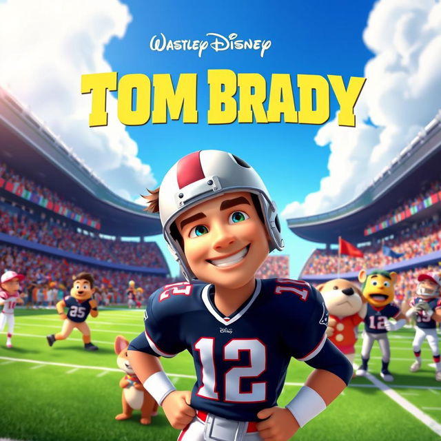 A vibrant and heartwarming animated movie poster for a Disney film centered around Tom Brady, featuring a lively football field with cheering crowds and colorful team mascots