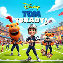 A vibrant and heartwarming animated movie poster for a Disney film centered around Tom Brady, featuring a lively football field with cheering crowds and colorful team mascots