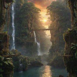 A thrilling adventure movie backdrop depicting a dense jungle with hidden ancient temples, mystical waterfalls, precarious rope bridges and a dramatic sunset