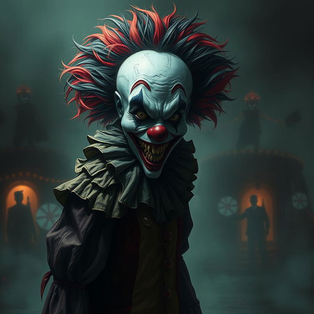 A haunting clown inspired by the story 'Nightmare Title' by Sewinu Yosith, set in a chilling nightmare realm