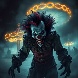 A haunting clown inspired by the story 'Nightmare Title' by Sewinu Yosith, set in a chilling nightmare realm