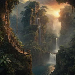 A thrilling adventure movie backdrop depicting a dense jungle with hidden ancient temples, mystical waterfalls, precarious rope bridges and a dramatic sunset