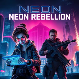 An electrifying movie poster for 'Neon Rebellion', set in a dystopian future where towering skyscrapers and neon lights dominate the skyline