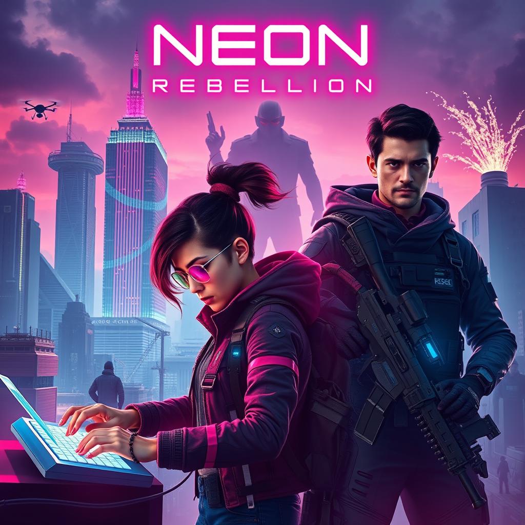 An electrifying movie poster for 'Neon Rebellion', set in a dystopian future where towering skyscrapers and neon lights dominate the skyline