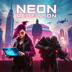 An electrifying movie poster for 'Neon Rebellion', set in a dystopian future where towering skyscrapers and neon lights dominate the skyline