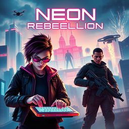 An electrifying movie poster for 'Neon Rebellion', set in a dystopian future where towering skyscrapers and neon lights dominate the skyline